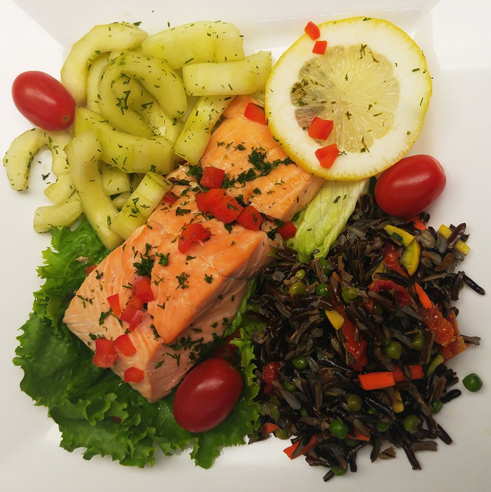 Poached Salmon, Wild Rice & Cucumber Dill Salad