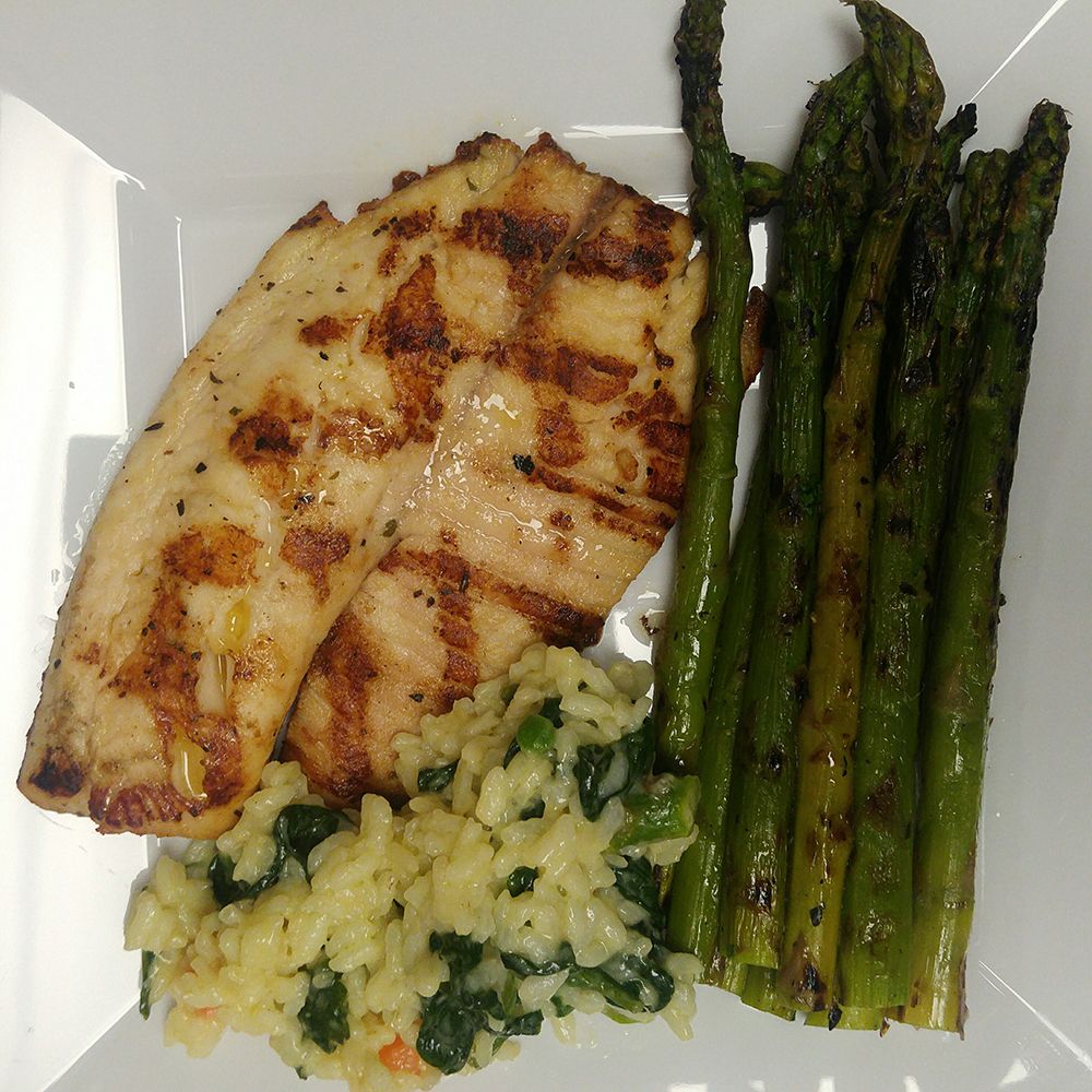 Grilled Basa Fillet w/ Asparagus & Veggie Risotto